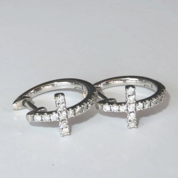 14K White Gold Diamond Cross Huggie Hoop Earrings